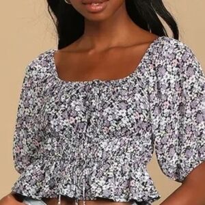Lulu's Floral Peasant Puff Sleeve Crop Top NWT Medium Boho Cottagecore